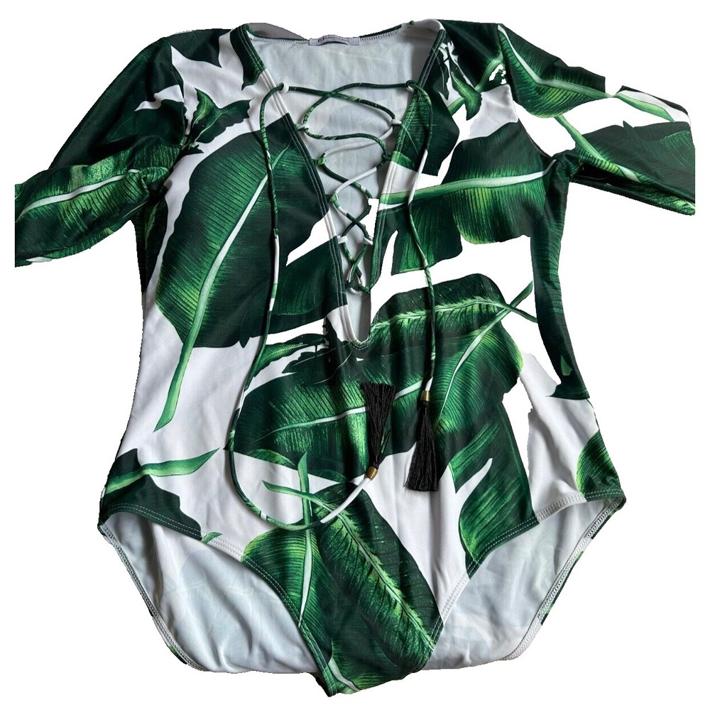 Rash Guard 1 Piece Swimsuit L (12) Tropical Green Long Sleeve Lace Up Front Surf